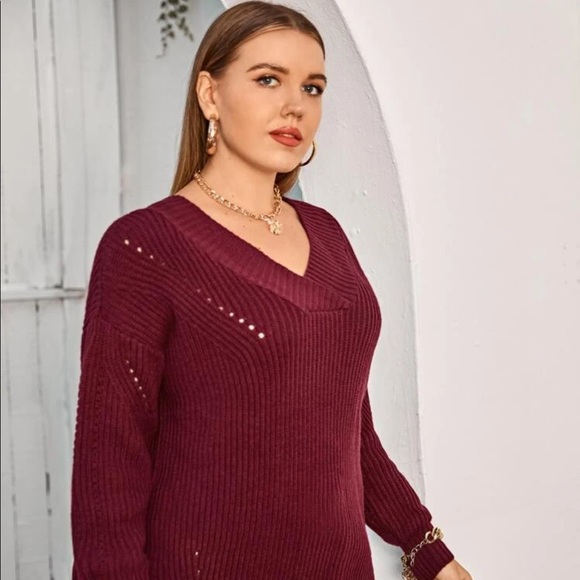 SHEIN Plus Double V-neck Drop Shoulder Sweater - Picture 5 of 5